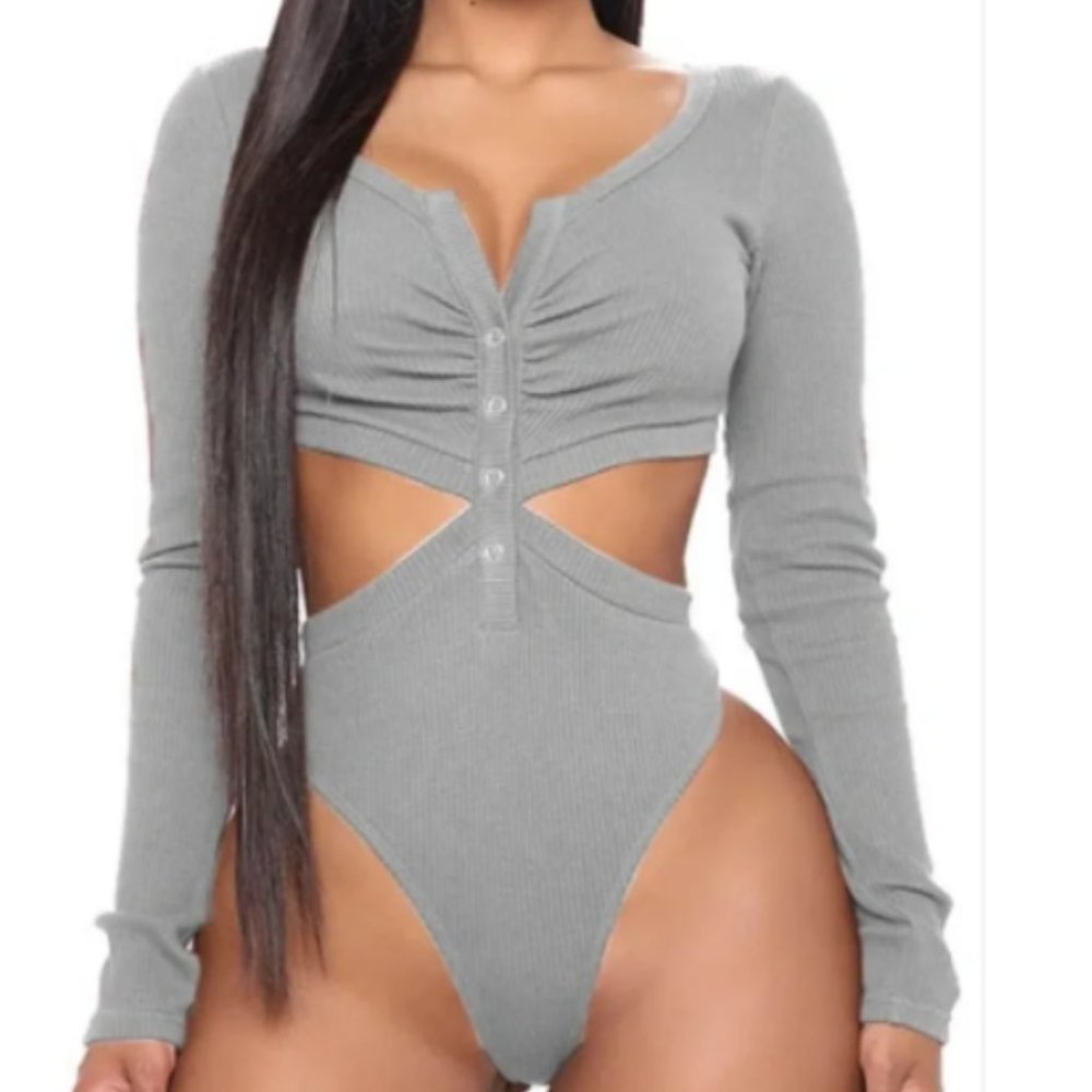 NWT Gray Long Sleeve Cut Out Split Neck Button Jackie Bodysuit